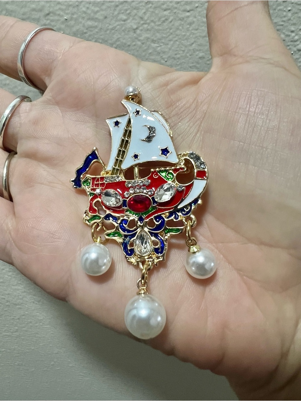 Whimsical Colorful Nautical Boat Brooch Costume Jewelry Pin